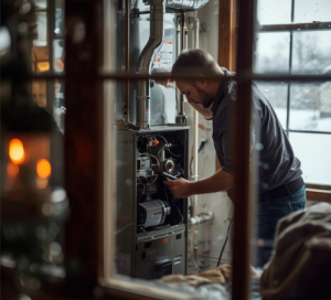 HVAC technician inspecting an older furnace in a Woodland Park, NJ home during a 2026 furnace replacement evaluation.